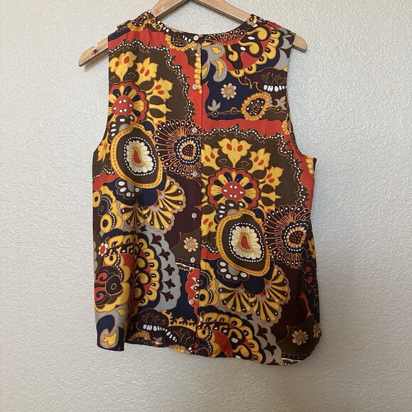 J Crew Darwin Sleeveless Blouse Size 14 Neck Ruffle Orange Brown Mosaic - Picture 4 of 6